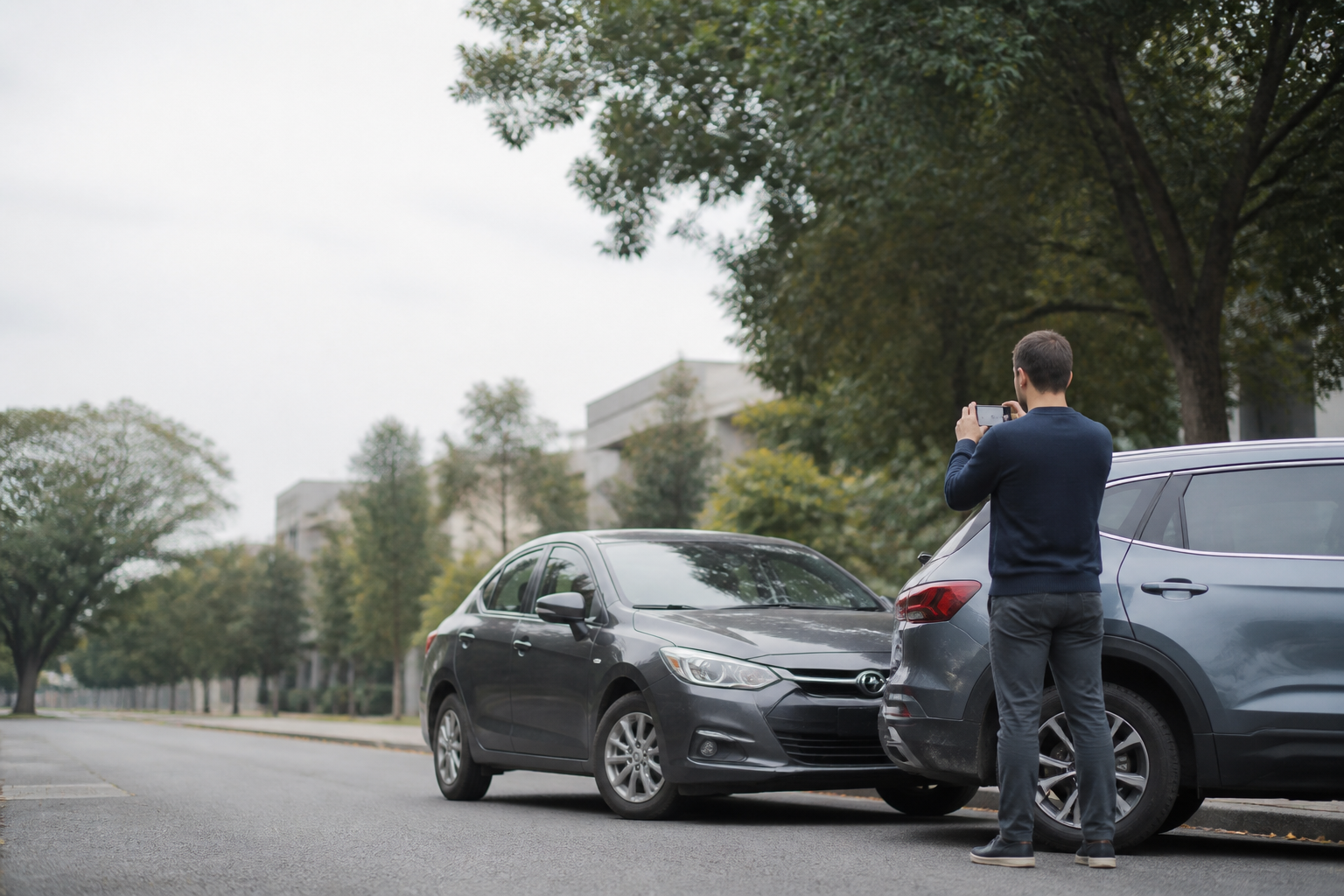 Condutor registra com o celular uma pequena avaria entre dois carros parados em uma rua arborizada, em cena calma e sem textos