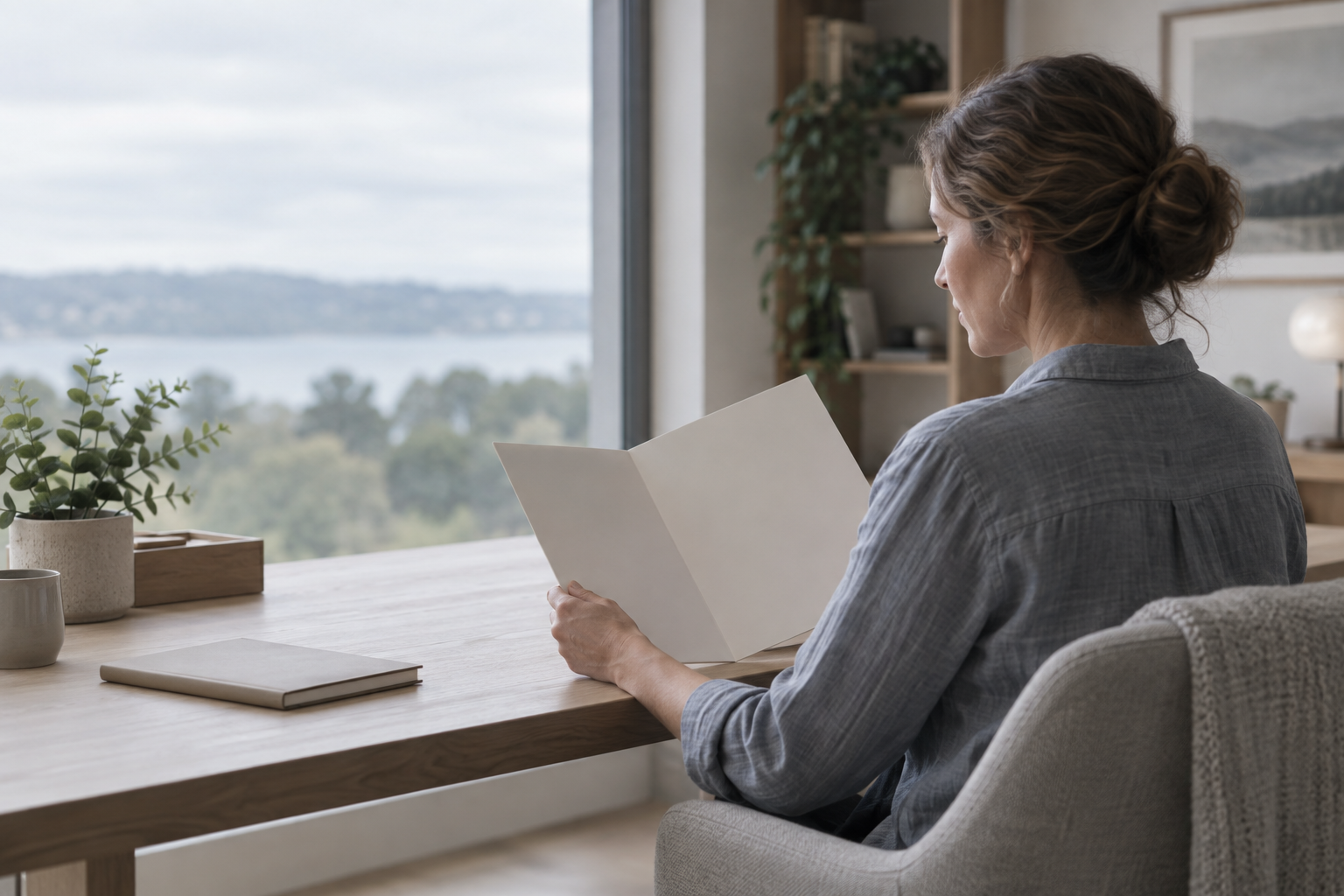 Mulher adulta, vista de costas e de perfil, avalia uma pasta sem texto em mesa de madeira clara diante de uma ampla janela, em escritório residencial de tons neutros.