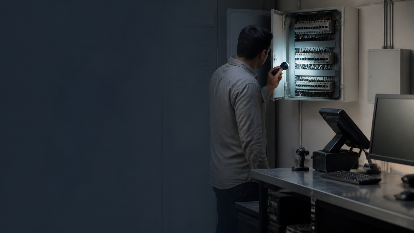 Empresário inspeciona um quadro elétrico aberto em um ambiente comercial, ao lado de equipamentos de trabalho