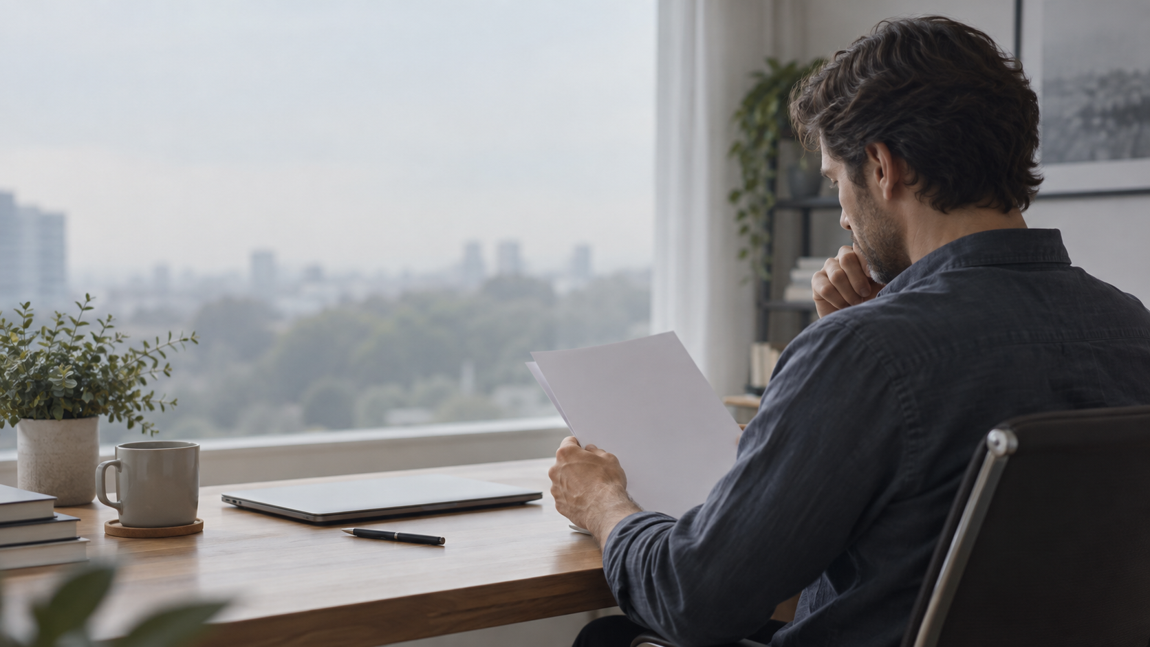 Pessoa sentada em um escritório residencial, vista de lado, revisa folhas sem texto visível sobre uma mesa de madeira, com notebook fechado e ampla janela desfocada ao fundo.