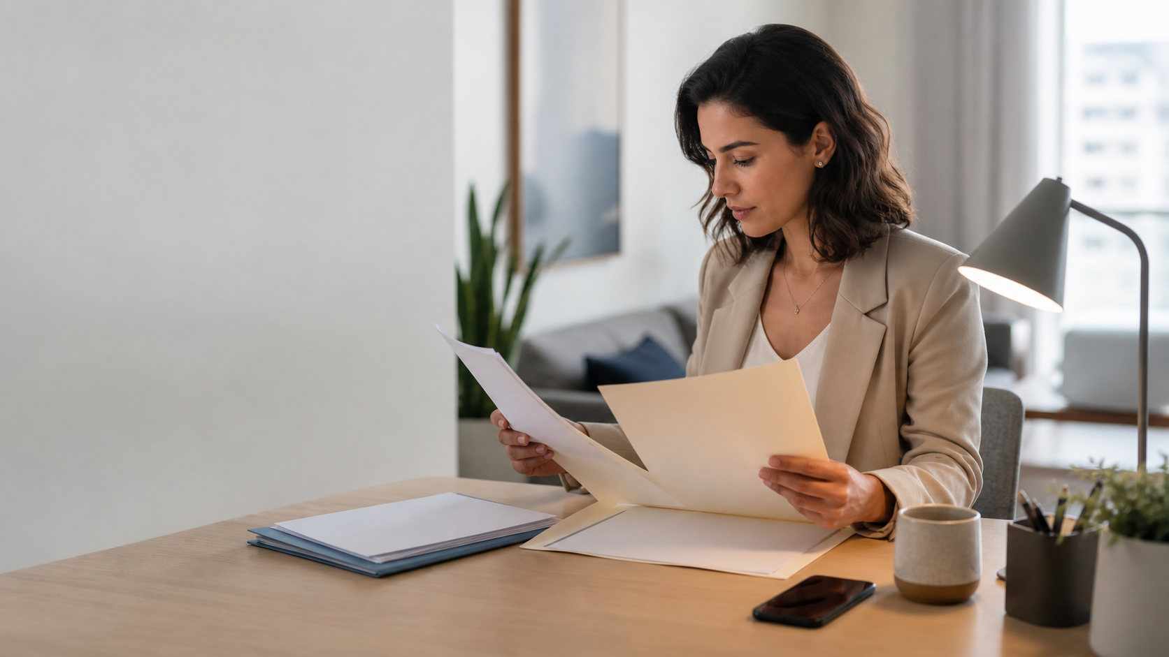 Mulher revisa documentos sem texto em uma mesa de trabalho, com um celular e uma pasta ao lado, em ambiente claro e discreto