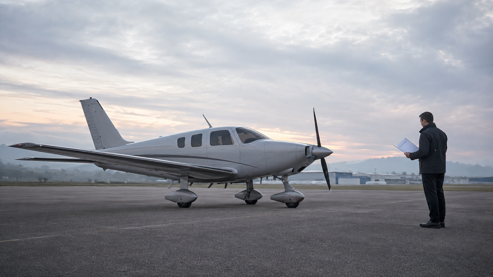 Avião monomotor cinza estacionado em pátio de aeródromo sob céu nublado, enquanto um profissional consulta uma pasta sem texto ao lado da aeronave