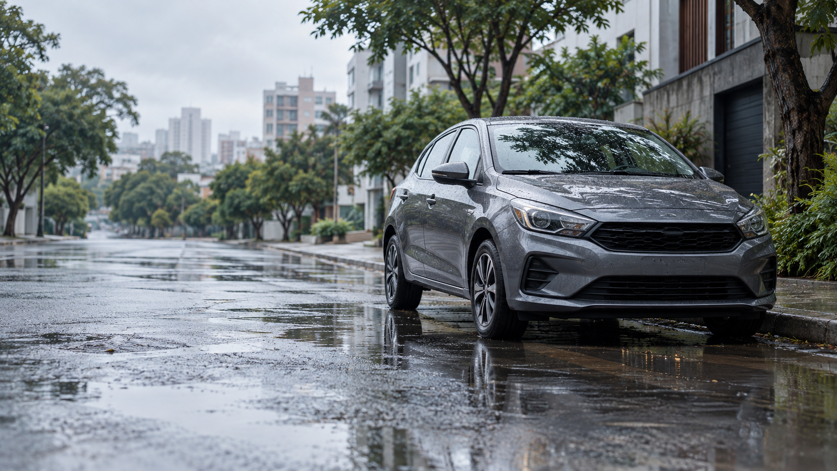 Carro compacto sem marca estacionado em uma rua urbana molhada após chuva, com água rasa junto ao meio-fio e prédios desfocados ao fundo.