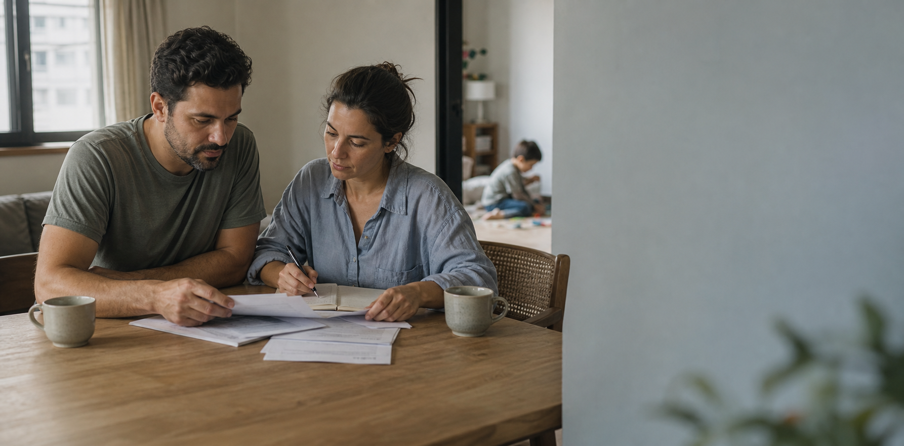 Casal organiza papéis e um caderno à mesa de casa, enquanto uma criança aparece desfocada ao fundo, em ambiente calmo e sem textos