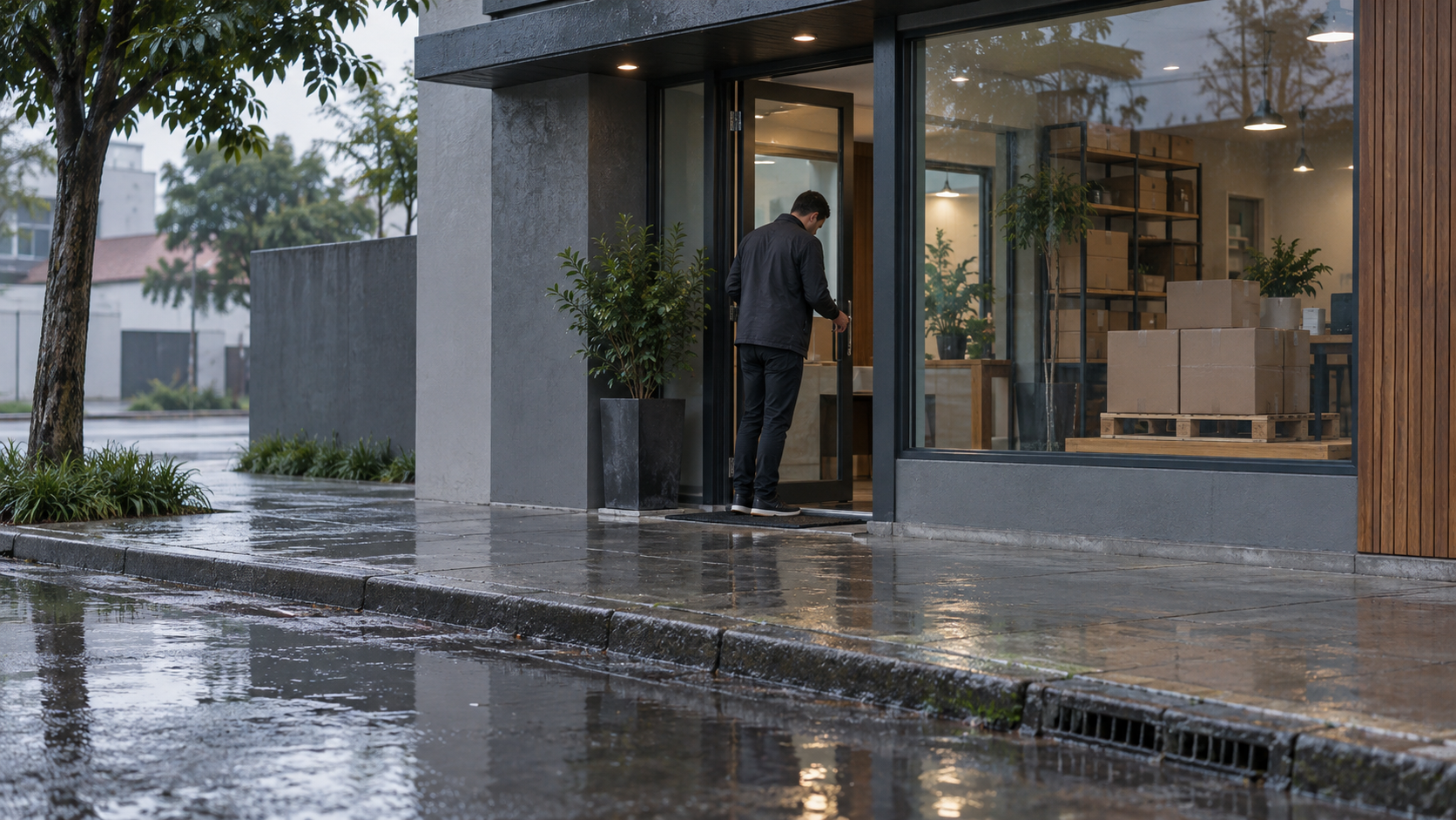 Fachada de um pequeno comércio após chuva, com calçada molhada, água rasa junto ao meio-fio e caixas elevadas visíveis pela vitrine.