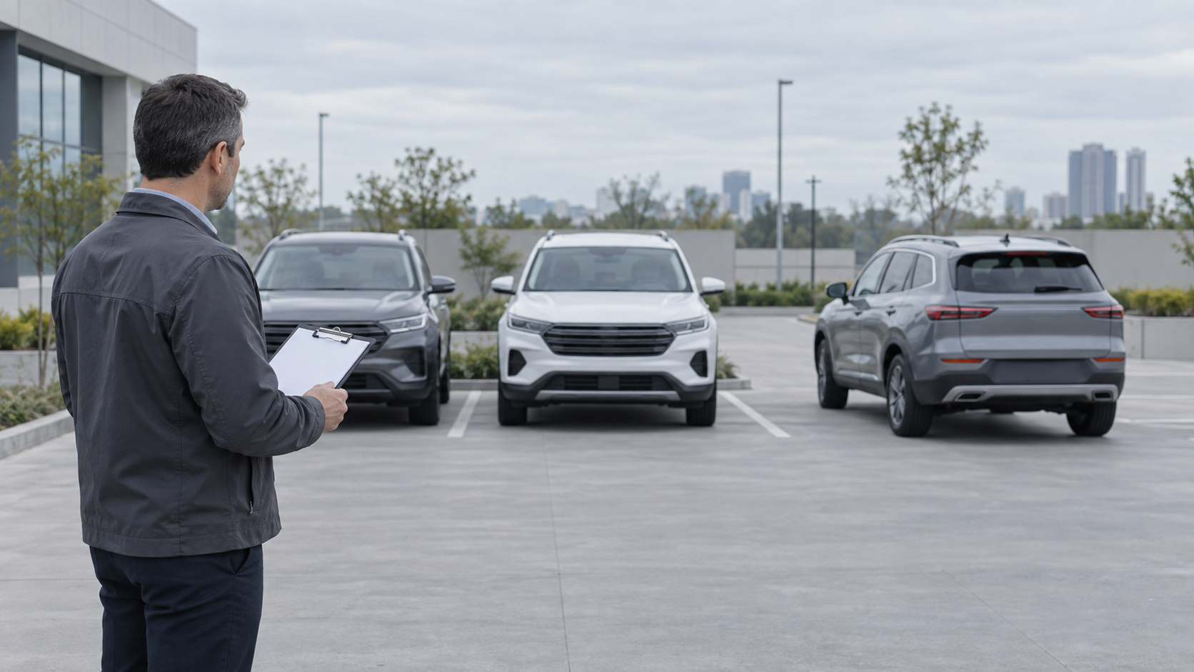 Gestor observa três veículos sem marcas em um estacionamento corporativo e segura uma prancheta sem texto visível, sob céu nublado.
