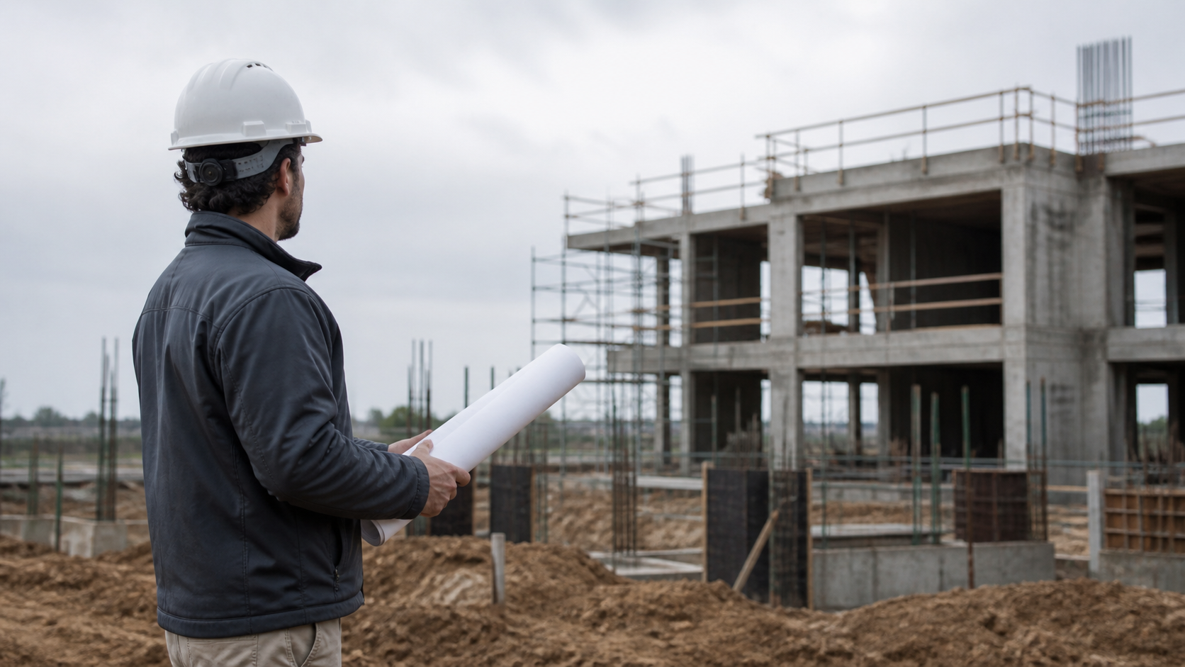Profissional de engenharia observa uma obra em construção enquanto segura uma planta enrolada, em ambiente externo de céu nublado e sem textos